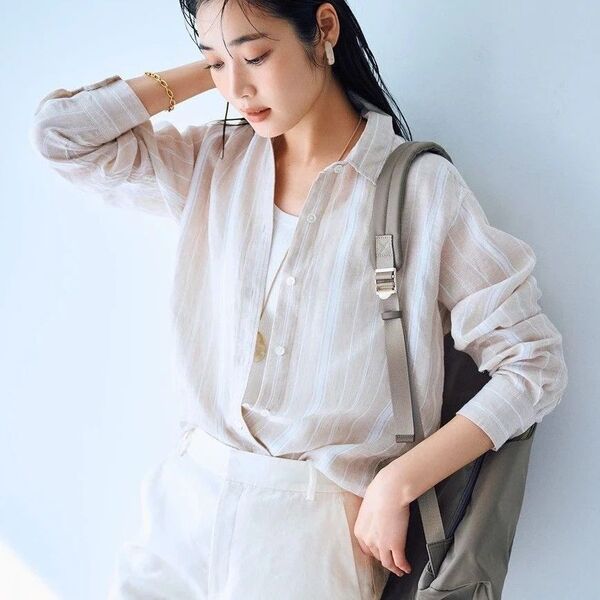 美品!! 23区S☆ LIBECO リベコ リネン ベーシック シャツ ブラウス /長袖 麻 ベージュ×白 32