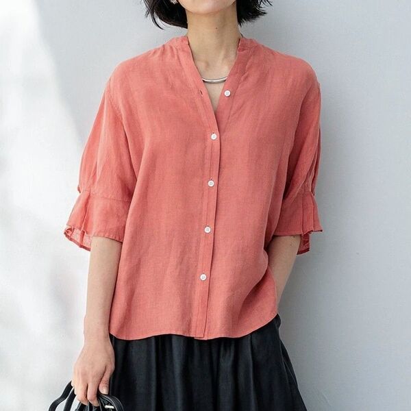 美品!! 23区S☆ LIBECO リベコ リネン デザインスリーブ ブラウス/麻 ローズ