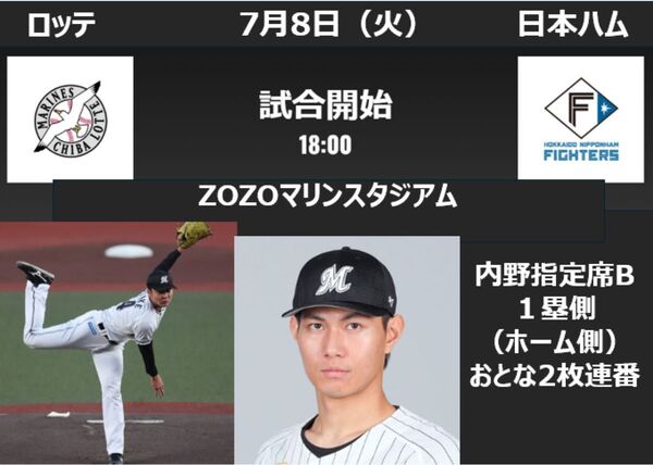 ZOZOマリンスタジアム 7月8日(火)ロッテマリーンズvs 日本ハムファイターズ 一塁側マリーンズ側 内野指定席おとな2枚連番