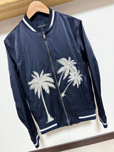 春用 ZARA MAN パームツリー ブルゾン ジャケット M 40 メンズ シャツ スカジャン ネイビー MA1 花柄