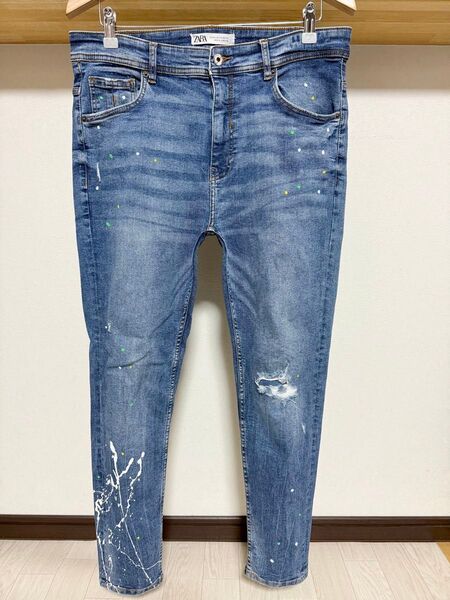伸縮性抜群 ペイント ZARA MAN ダメージ ストレッチ デニム 44 34 ウルトラ スキニー パンツ メンズ ジーンズ