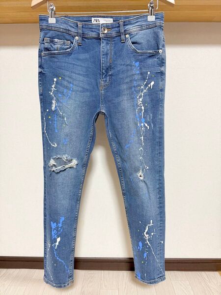 春夏用 伸縮性強め ペイント ZARA MAN ストライプ ストレッチ 40 スキニー ダメージ デニム メンズ パンツ ジーンズ