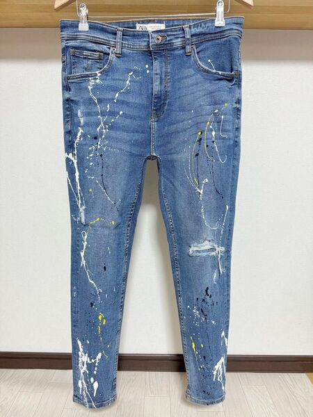 春夏用 伸縮性強め ペイント ZARA MAN ストライプ ストレッチ 42 スキニー ダメージ デニム メンズ ジーンズ パンツ