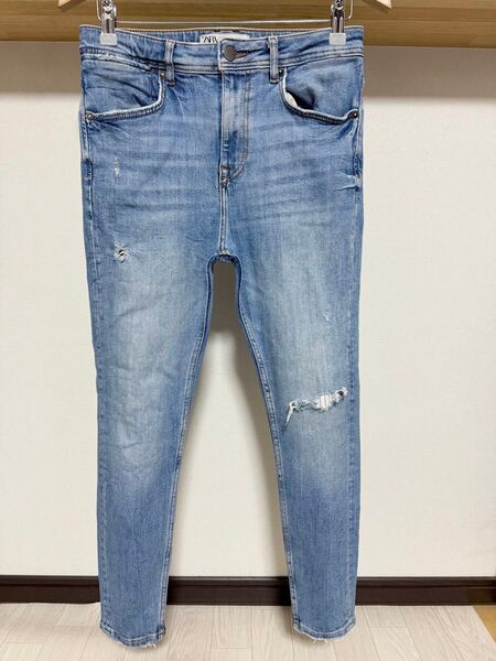 伸縮性強め 柔らかめ ZARA MAN ストライプ ストレッチ 38 30 デニム スキニー メンズ パンツ ジーンズ ブルー
