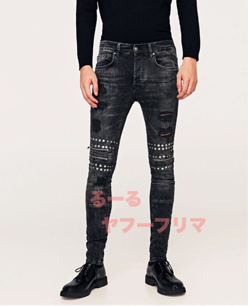 伸縮性抜群 春夏向き ZARA MAN バイカー ストレッチ 40 スタッズ スキニー ダメージ デニム メンズ パンツ ジーンズ