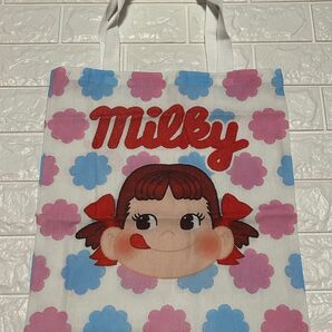 《Milky》ロゴ ペコちゃん大きめトートバッグ マチなし レッスンバッグ 38×34.5