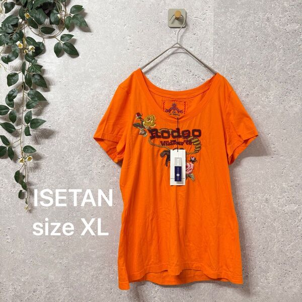 ★タグ付き★ ISETAN 刺繍入り 半袖Tシャツ XL オレンジ トップス 大きいサイズ