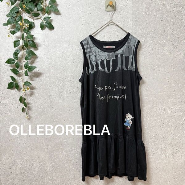 OLLEBOREBLA ノースリーブ 刺繍 チュニック ワンピース 黒 ひざ丈