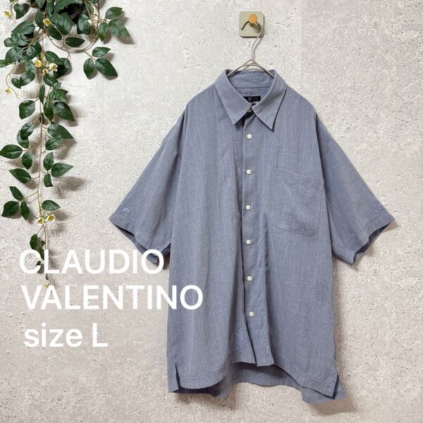 CLAUDIO VALENTINO 刺繍入り 半袖シャツ 春夏 青 Lサイズ