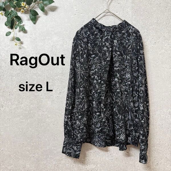 RagOut 花柄 モノトーン ボウタイ風 長袖ブラウス Lサイズ オフィス 通勤