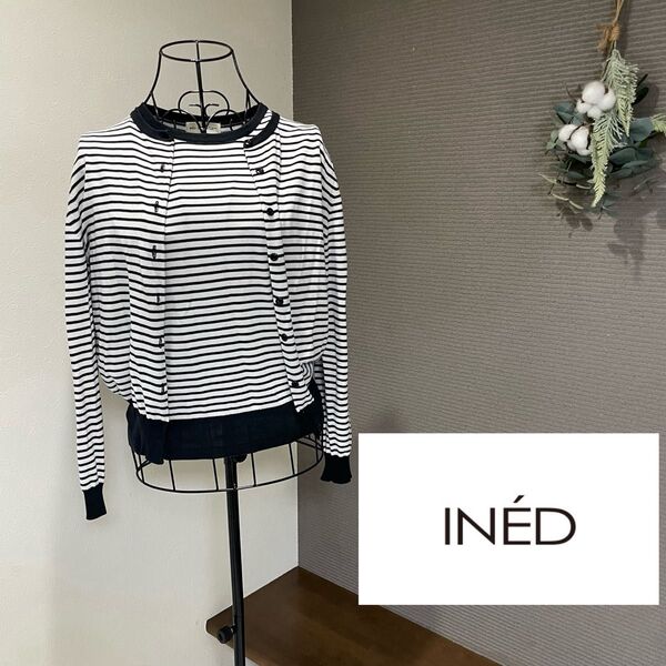 INED イネド アンサンブル 半袖ニット カーディガン ボーダー