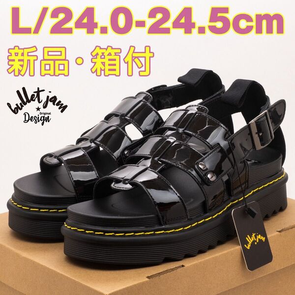 グラディエーター サンダル レディース ブラック エナメル 黒 L 24.5cm 軽量 厚底 ベルト ストラップ スポーツ 女性