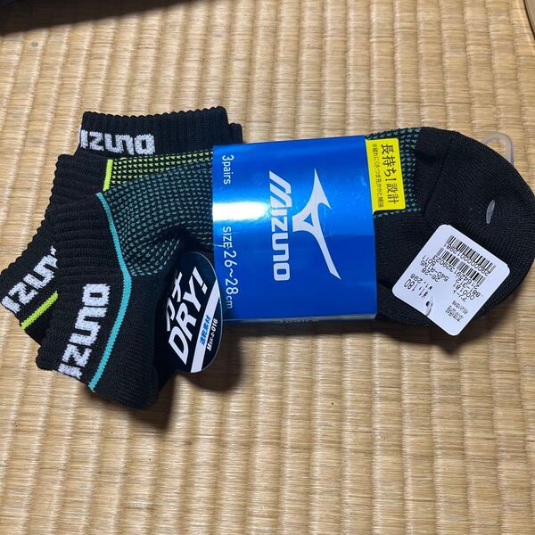 タグ付き mizunoメンズソックス 3足1組 26-28センチ 春夏向き 高通気設計 つま先かかと以外はメッシュ ガチDRY