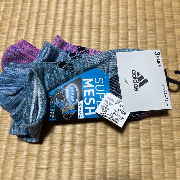 タグ付き adidas メンズソックス 24〜26㎝ 3足1組 スーパーメッシュ 春夏向き