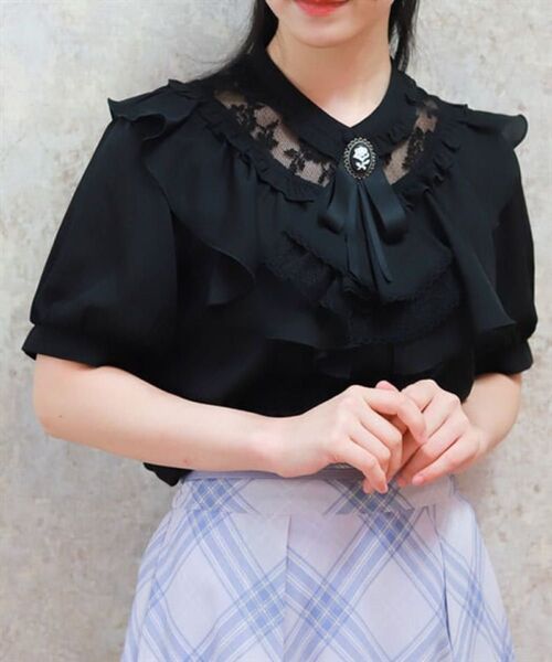 axes farm アクシズファム ジャボ付きレース×フリルブラウス ブラック 黒 半袖