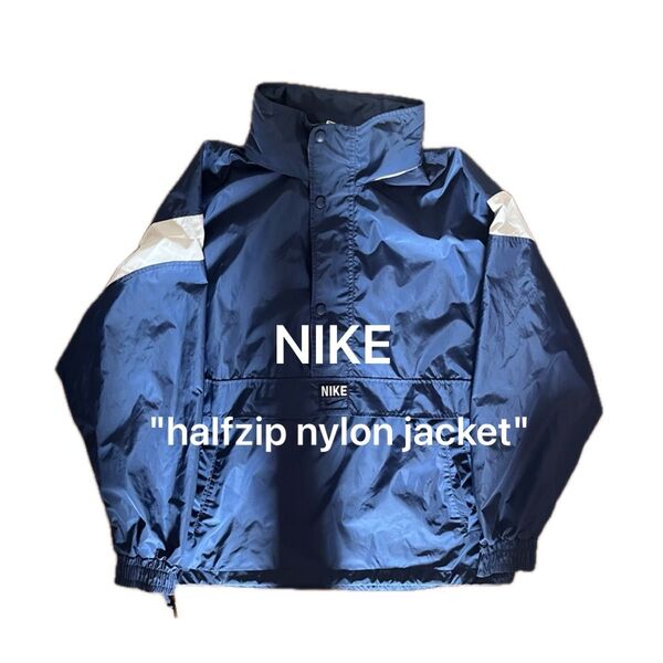 【希少】90s/NIKE ナイキ/ハーフジップナイロンジャケット マウンテンパーカー/L/紺 ネイビー 青 刺繍ロゴ