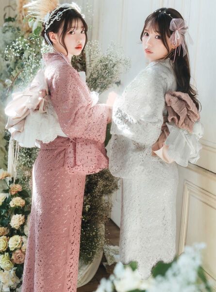 花柄レース浴衣セット ホワイト 白 ピンク 兵児帯 花柄 着物 和装