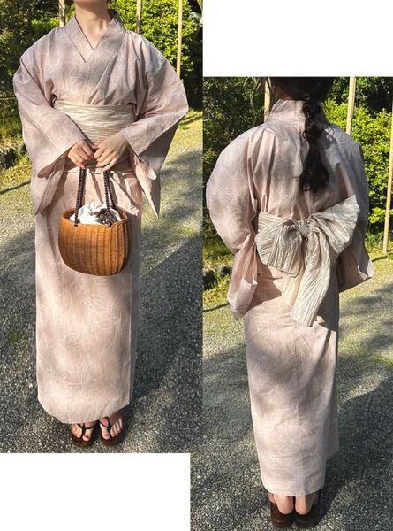 線画花柄浴衣セット ピンク 兵児帯 ベージュ 和柄