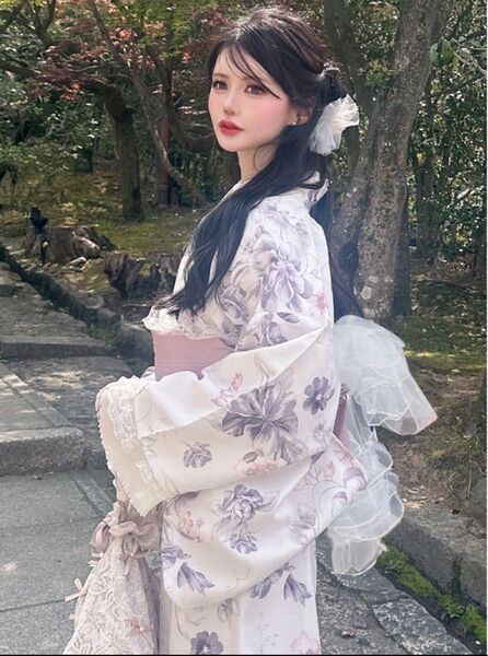 3点セット 2Way花柄セパレート浴衣 ワンピース 二部式 兵児帯 水彩花柄