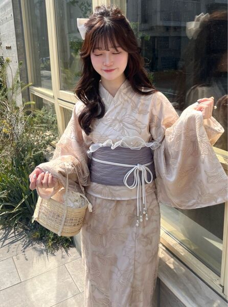 3点セット 2Wayチュール花柄セパレート浴衣 ワンピース ベージュ 兵児帯 グレー 大人花柄 レース
