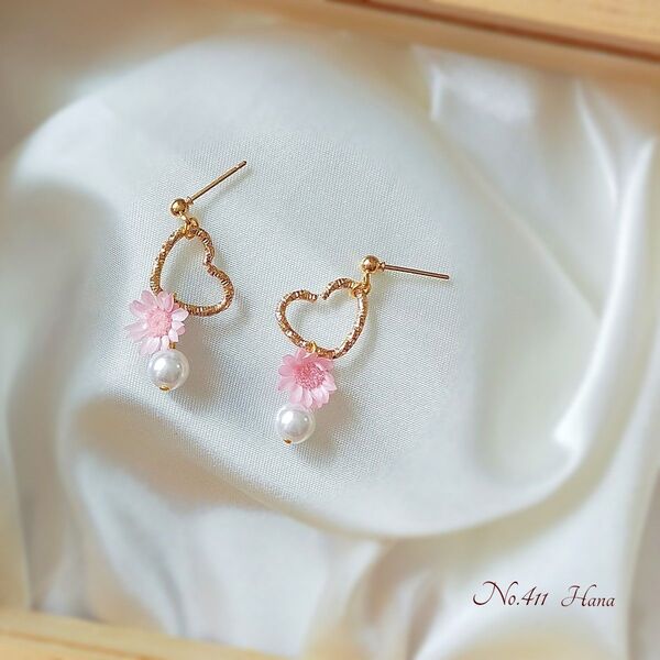 No.411 ハートピンク 本物のお花のピアス イヤリング
