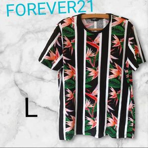 FOREVER21 フォーエバー21【L】ストライプ柄Tシャツ トップス 半袖 花柄 半袖Tシャツ