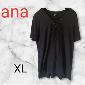 ana トップス 【XL】黒 レースアップ Tシャツ 半袖Tシャツ カットソー 半袖 ブラック 黒