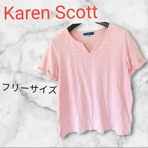 Karen Scott 【フリーサイズ】ピンク 半袖トップス 刺繍 カットソー Tシャツ 半袖