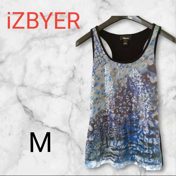iZBYER【M】スパンコール ノースリーブトップス ブルー系 タンクトップ トップス