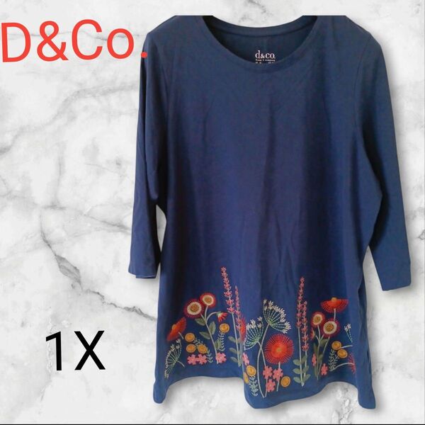 D&Co. 【1X】七分袖Tシャツ 花柄刺繍 ネイビー トップス カットソー Tシャツ 長袖 古着 大きいサイズ