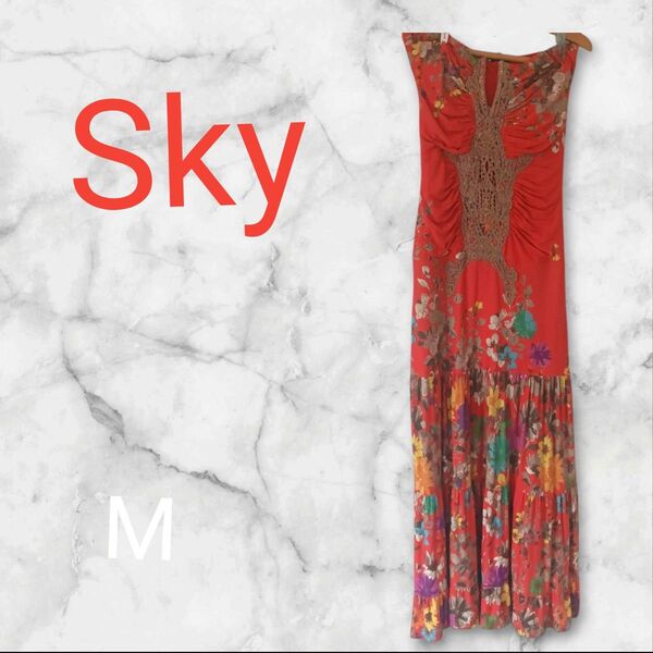 Sky【M】花柄ロングワンピース リゾート パーティー ドレス ロング 90s 海外 古着 ストラップレスドレス