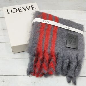 【美品】LOEWE ロエベ モヘア マフラー ストール グレー×レッド 箱付き、ロエベロゴ入りリボン付き