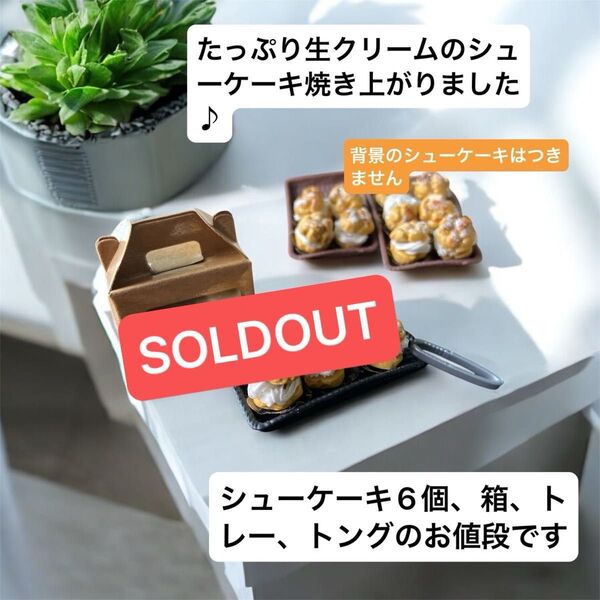 No.788 ミニチュアフード 生クリームたっぷりシューケーキ6個 ケーキ箱 トレー トングお得セット ドール用 ハンドメイド