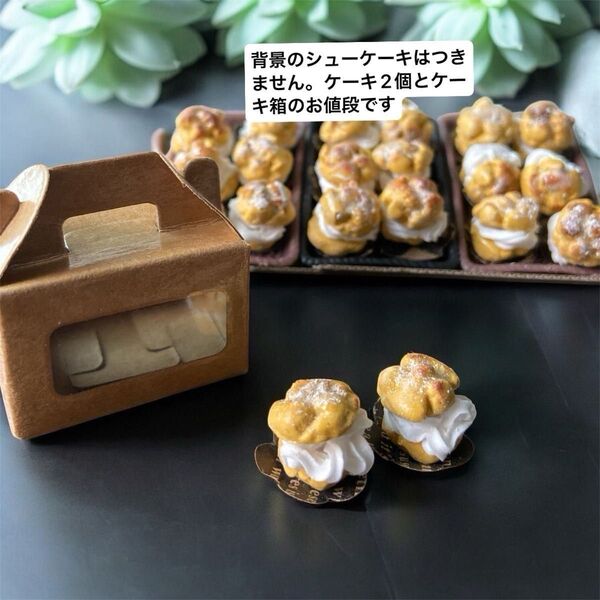 No.786 ミニチュアフード 生クリームたっぷりシューケーキ2個 ケーキ箱 セット ドール用 撮影小物 ハンドメイド