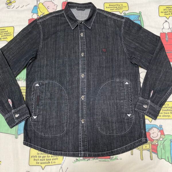 良品 PAPAS パパス ストレッチデニム ブラック デニムシャツ カバーオール デニムジャケット L 50
