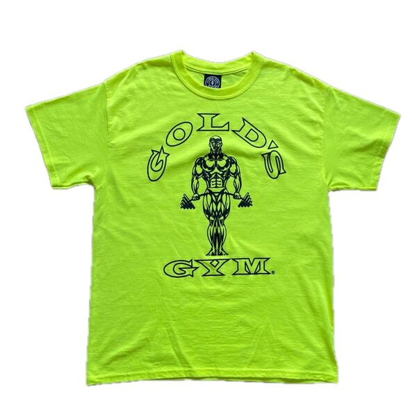 穴あり Tシャツ GOLD'S GYM ゴールドジム ネオンイエロー 蛍光 USA製 オフィシャル Lサイズ 古着