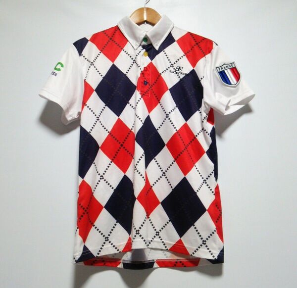 美品 ブルークラッシュ 春夏 アーガイル柄 ドライストレッチ 半袖ポロシャツ 半袖Tシャツ 半袖シャツ 白 ゴルフウェア メンズM