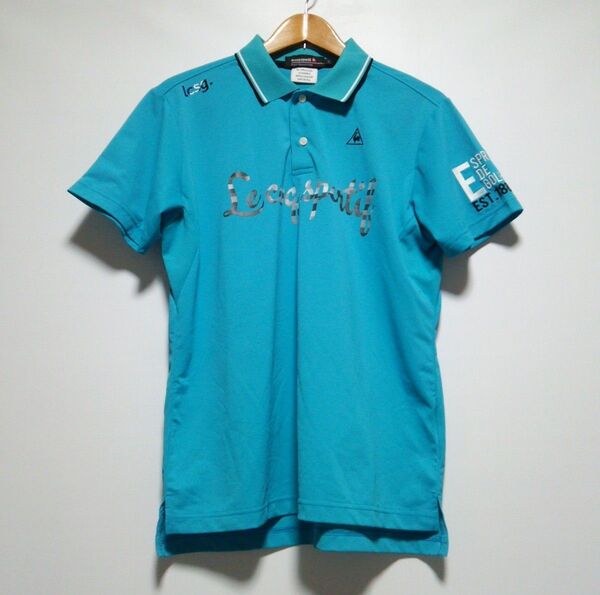 ルコックゴルフ 春夏 ★カモフラージュプリント/迷彩ロゴ★ ドライ ストレッチ 半袖ポロシャツ 半袖Tシャツ 薄青 メンズL