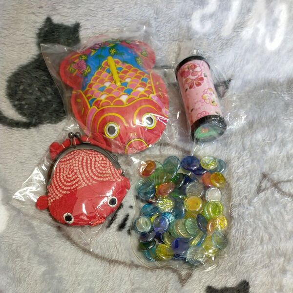 和系おもちゃ 昭和レトロ 4点セット ブリキ金魚 金魚がま口財布 万華鏡 ガラスおはじき まとめ売り
