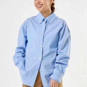 (再販、売り切れ品)yori ミニフリルストライプシャツ ストライプ ブラウス 長袖シャツ ボタンダウンシャツ 長袖