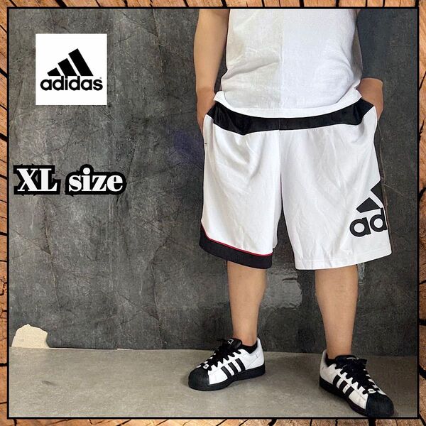 adidas アディダス ハーフパンツ XL デカロゴ バスパン 古着