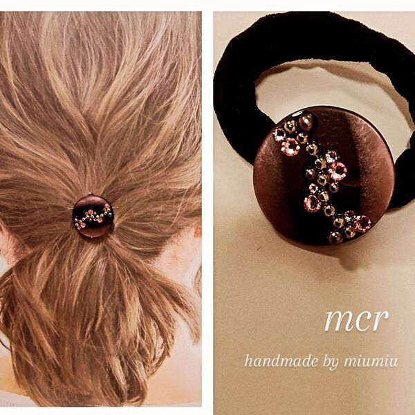 ハンドメイドヘアゴム ヴィンテージボタンヘアゴム 髪多い 髪太い