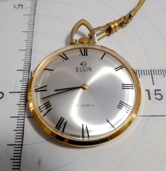 日差1分 ELGIN 手巻き懐中時計 シルバー文字盤 17ジュエル SWISS MADE