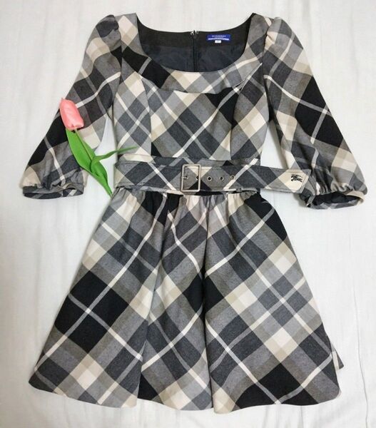 バーバリーブルーレーベル ノバチェック ワンピース ベルト付き 七分袖 38 グレー BURBERRY BLUE LABEL