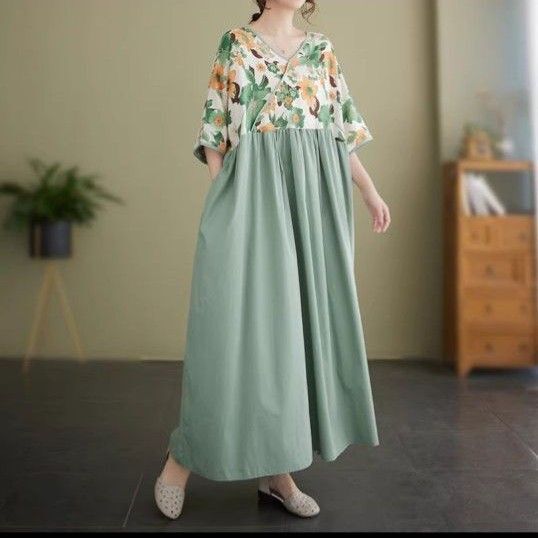R240755−3【新品】大きいサイズレディースゆったりロングワンピース 夏春秋薄い
