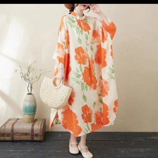 【新品】大きいサイズ レディースゆったりロングワンピース半袖 花柄薄手夏