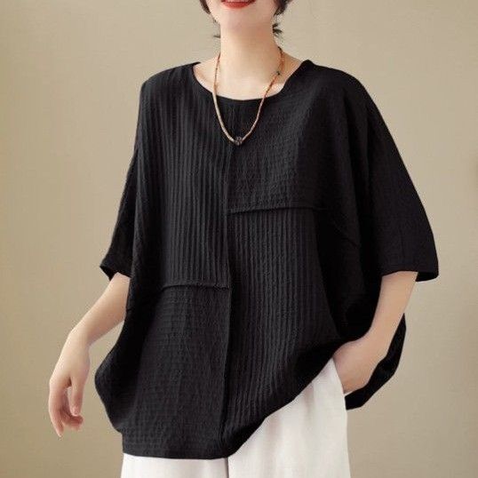 【新品】大きいサイズシンプル ゆったり レーディスTシャツ 綿麻 ブラウス