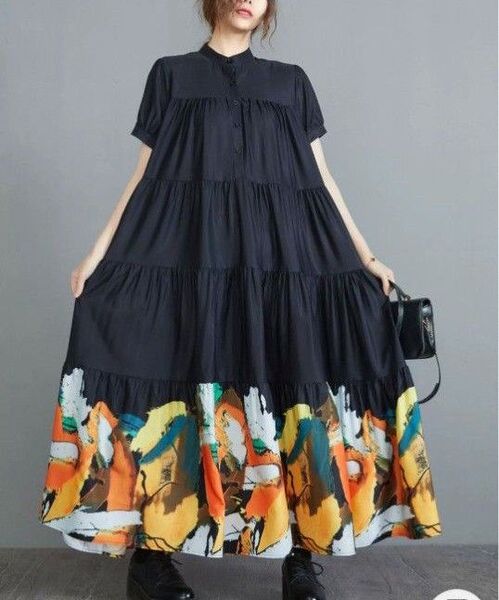 【新品】モード系大きいサイズ シャツロングワンピース半袖 黒 春夏秋
