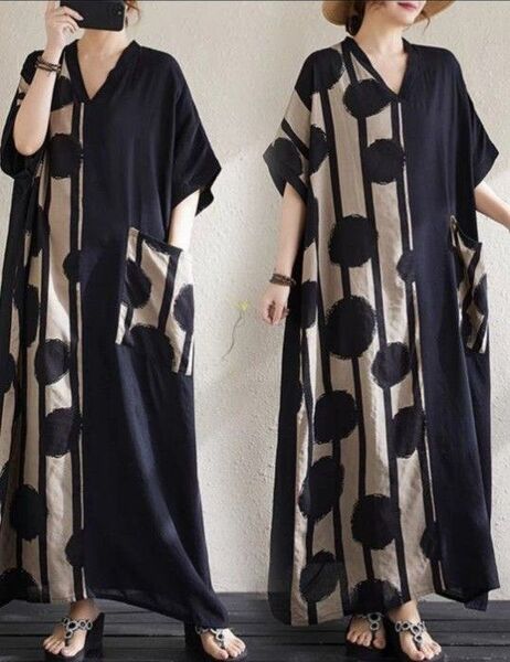 【新品】大きいサイズ レディースゆったりVネックロングワンピース半袖 ドット柄 春夏