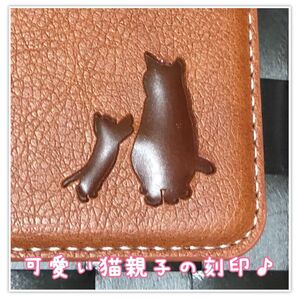 本革☆手帳型ケース☆猫親子焼印☆ストラップ穴付き iPhone7,8/SE2,3/XR/11/12/13/14/15全種